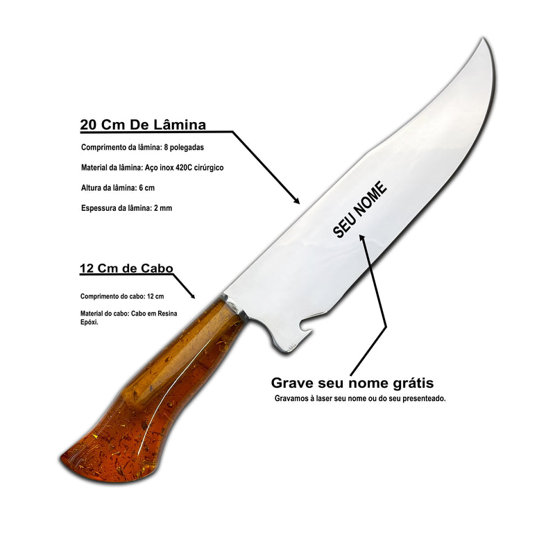 Faca Churrasco Artesanal Bowie" com abridor de garrafa